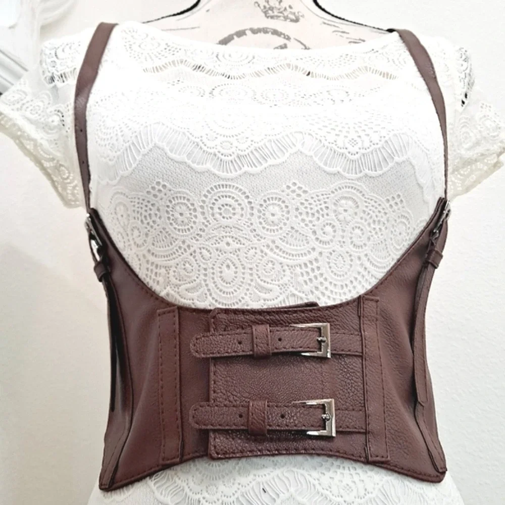 Western Corset brown faux leather body harness buckle suspenders steampunk belt